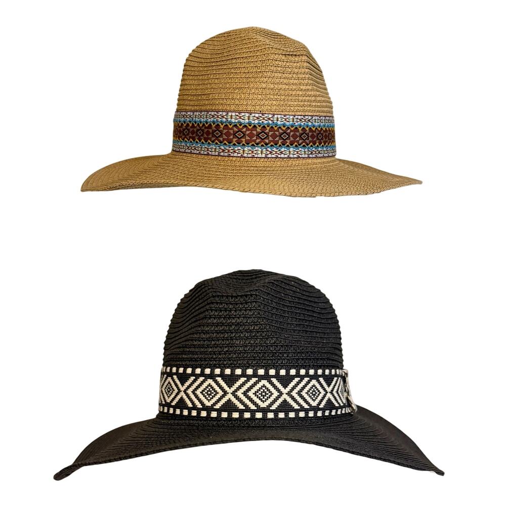 Lot of 2 Do Everything in Love Straw Sun Hat Tan Black Wide Brim Summer Boho NWT
